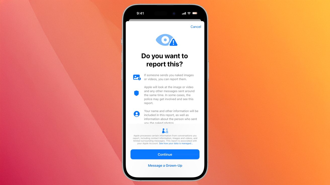 Smartphone screen shows a prompt with a blue eye warning icon, asking if the user wants to report inappropriate images. Options include Continue and Message a Grown-Up.