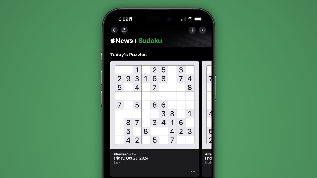 Smartphone screen displaying an easy-level Sudoku puzzle from Apple News+ Sudoku, dated Friday, October 25, 2024, on a green background.