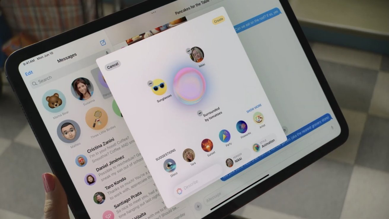 iPad displaying a messaging app with contact avatars and chat options, including animated suggestions and emoji. A contact named Nikki is highlighted.