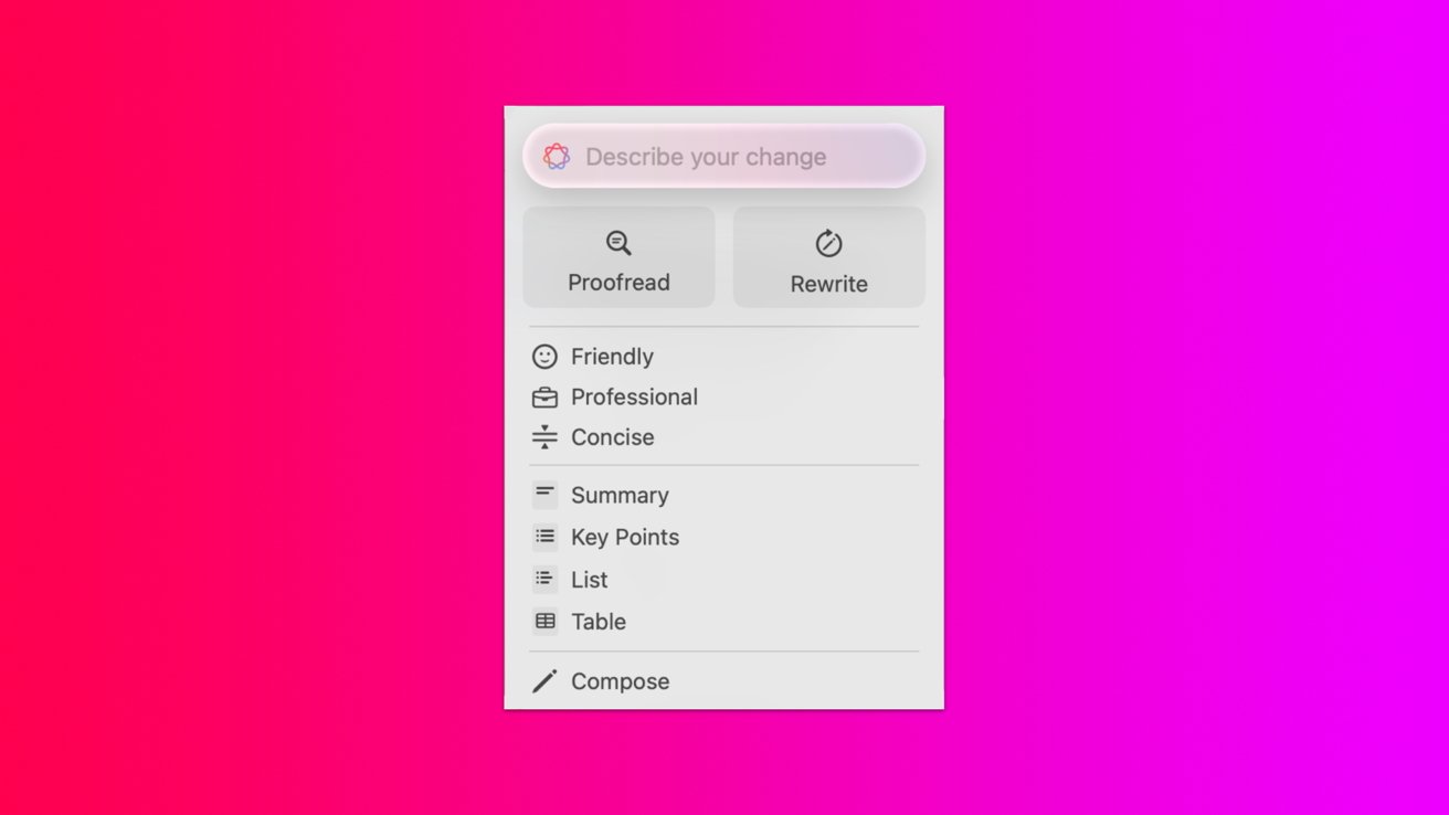 Editing options panel with proofreading and rewriting buttons, friendly and professional tone options, and layout choices like summary, key points, list, and table on pink background.