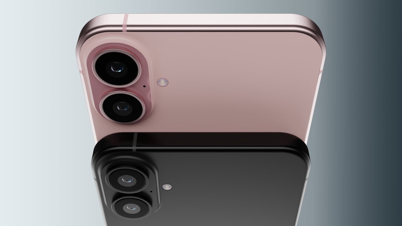 Two smartphones with dual cameras and sleek designs, one in pink and one in black, are positioned facing each other.