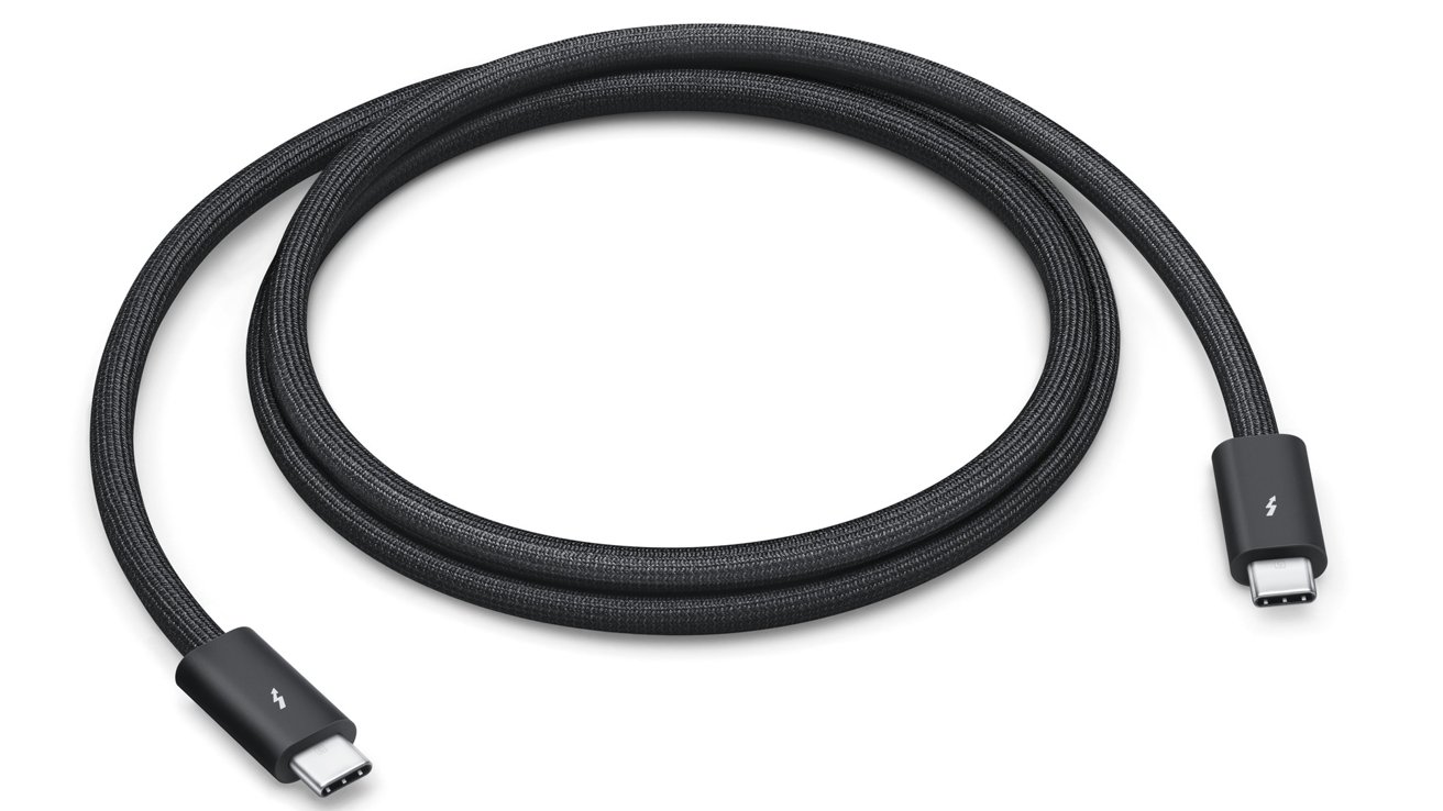 Black braided USB-C cable coiled into a circle with a Thunderbolt symbol on both connectors.