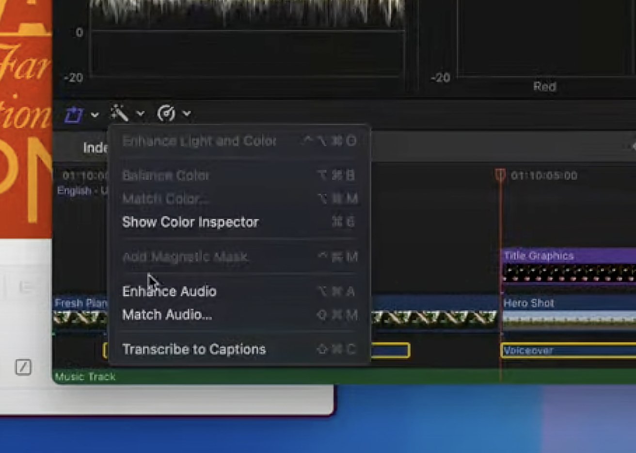 Video editing software interface showing audio and color adjustment options, timeline with labeled tracks, and a waveform display above controls.