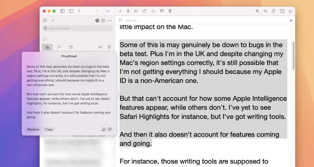 Computer screen with text editor open, showing a proofreading tool highlighting a selected text block about potential beta test bugs and Apple features.