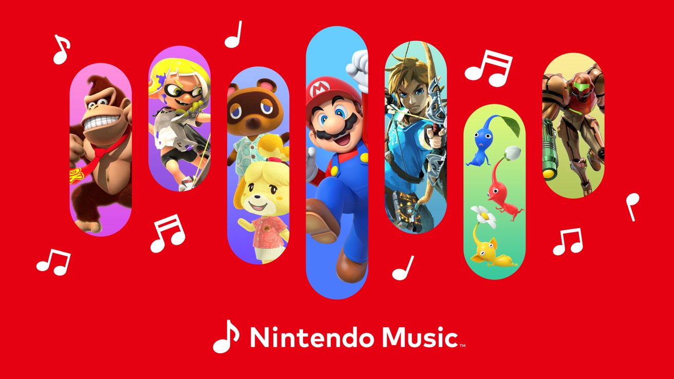 Colorful Nintendo characters like a gorilla, dog, and plumber are inside vertical bars on a red background with musical notes.