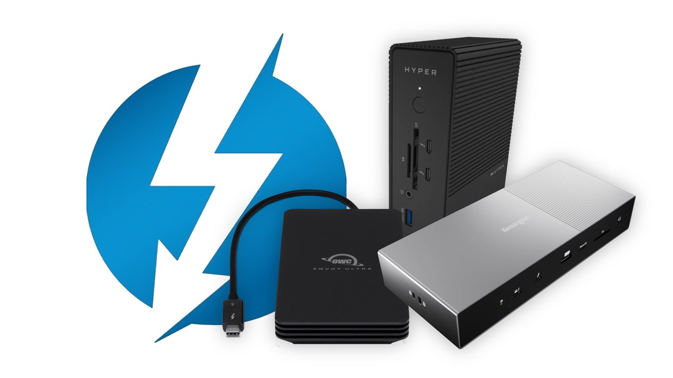 Thunderbolt 5 logo and Thunderbolt 5 devices - Image credit: Intel, Hyper, Kensington, OWC