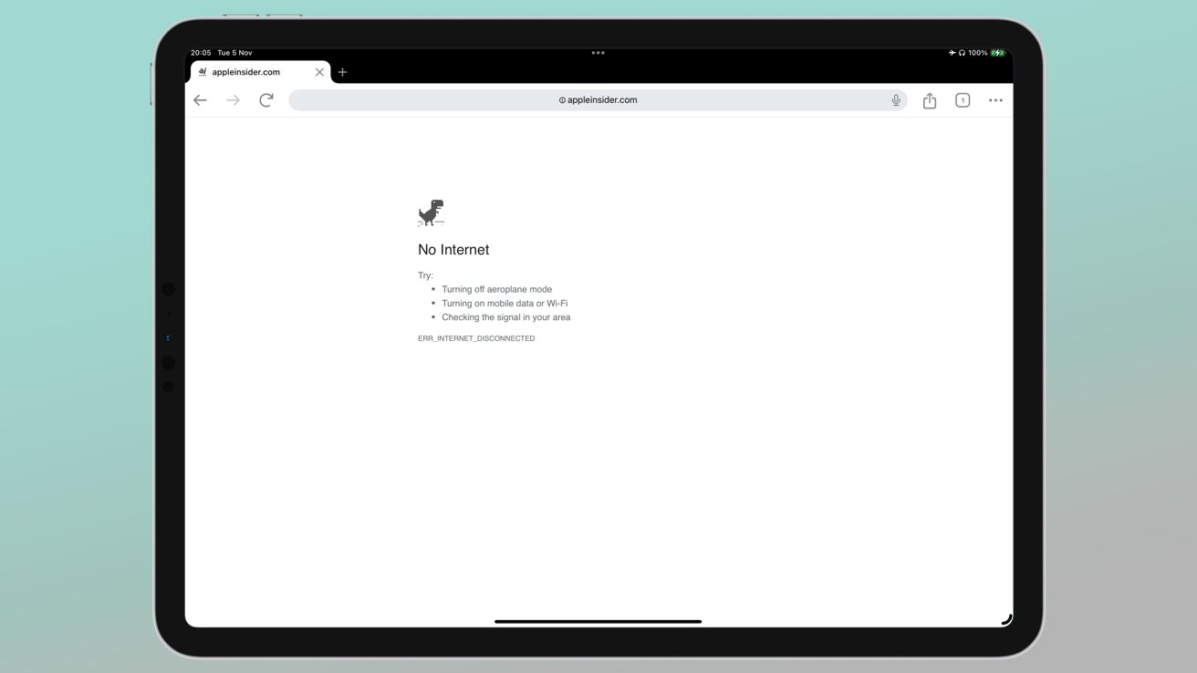 Tablet screen showing a Chrome browser with a No Internet connection error and a dinosaur icon on a white background.