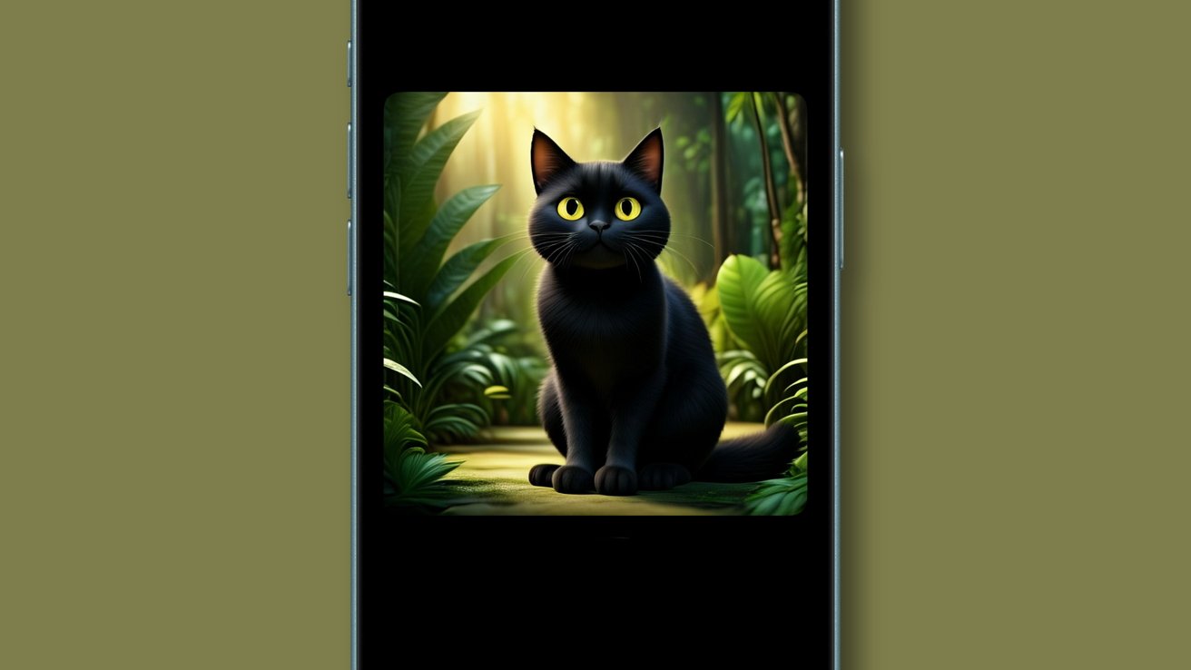 A black cat with bright yellow eyes sits on a path surrounded by lush green plants, illuminated by soft sunlight.