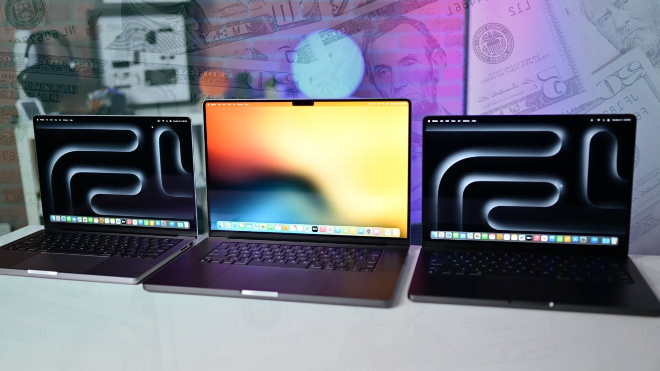 Three laptops with colorful screens on a reflective surface, overlaid with large faint currency bills in the background.