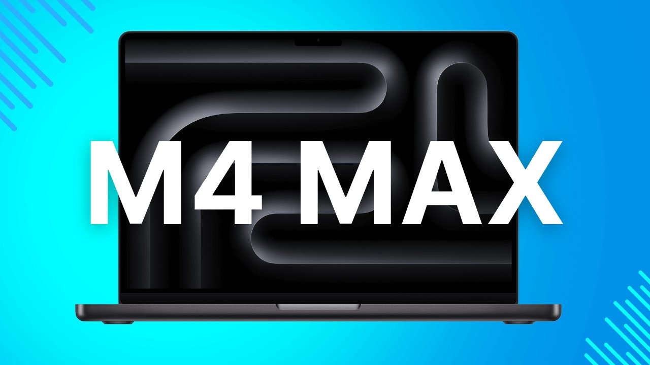 14-inch MacBook Pro in Space Black with a dark abstract screen and 'M4 Max' text in bold white letters on a bright blue background.