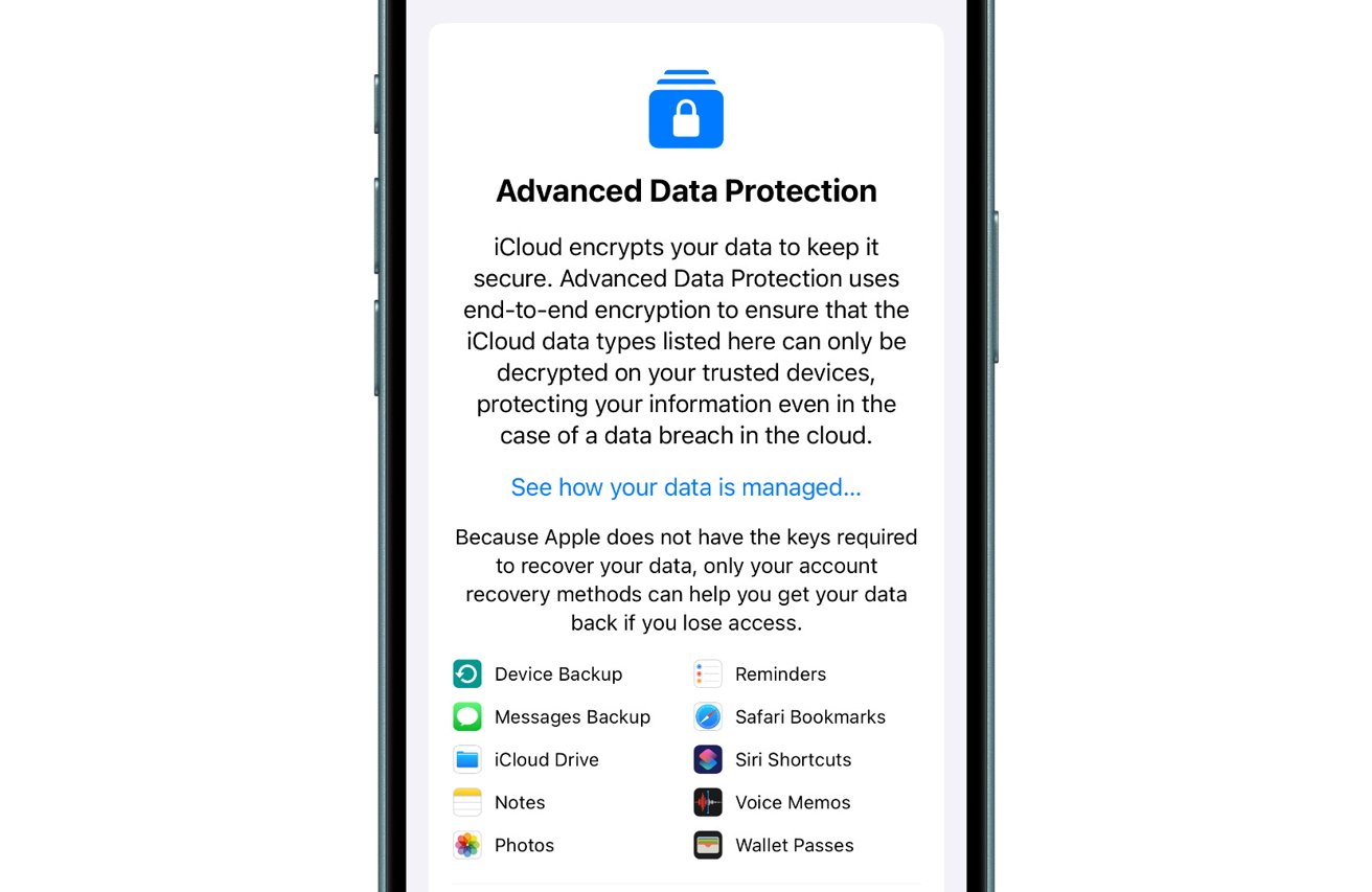 iPhone screen displaying information about Advanced Data Protection with a list of encrypted iCloud data types like Device Backup, Messages, and Photos.
