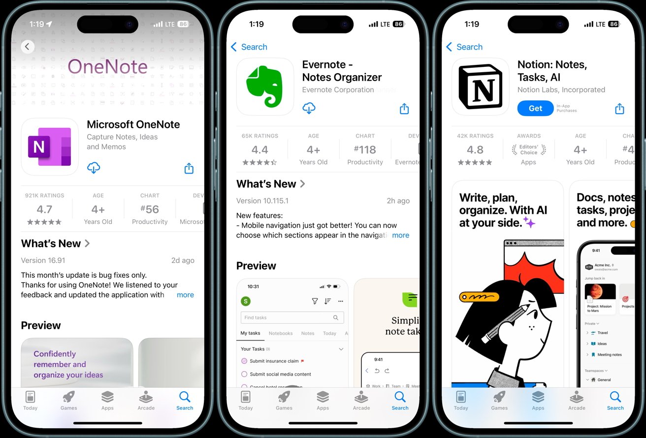 Three smartphone screens display Microsoft OneNote, Evernote, and Notion apps in the App Store, showing app icons, ratings, and descriptions with preview images.
