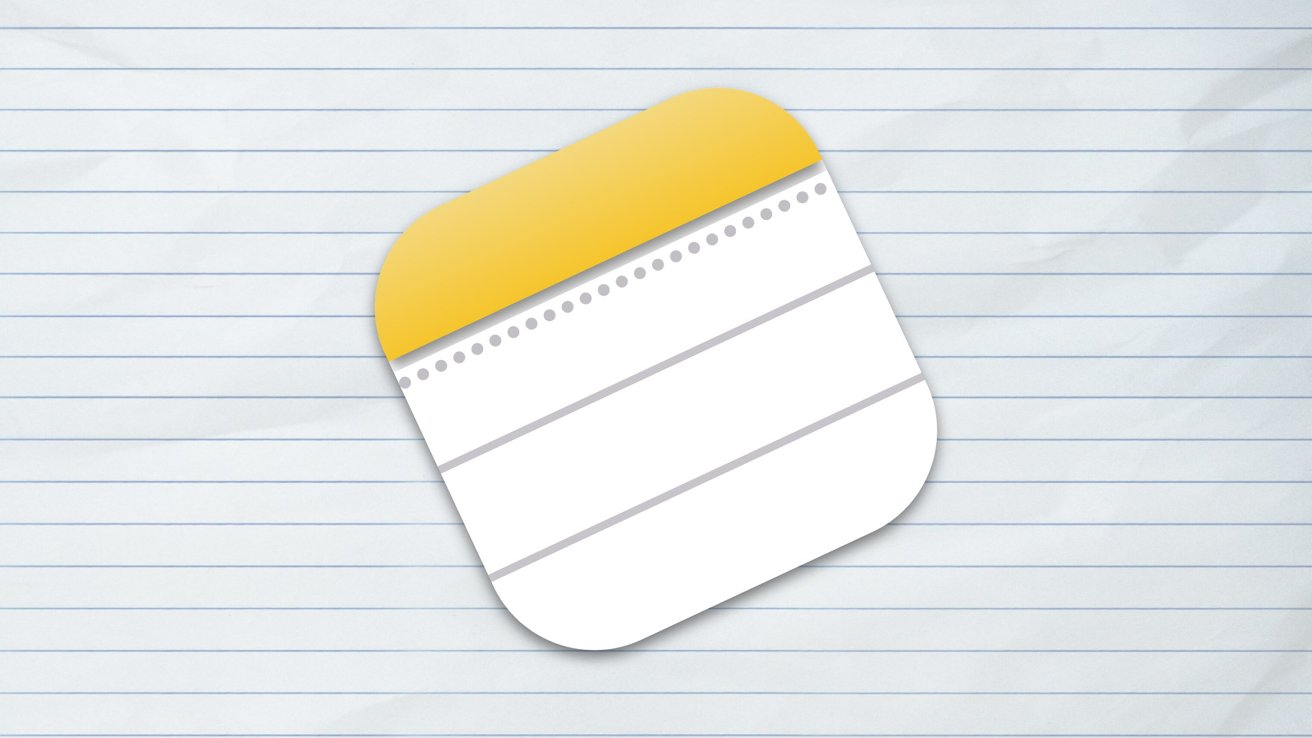 Square Apple Notes icon with yellow top and horizontal lines on a lined paper background.