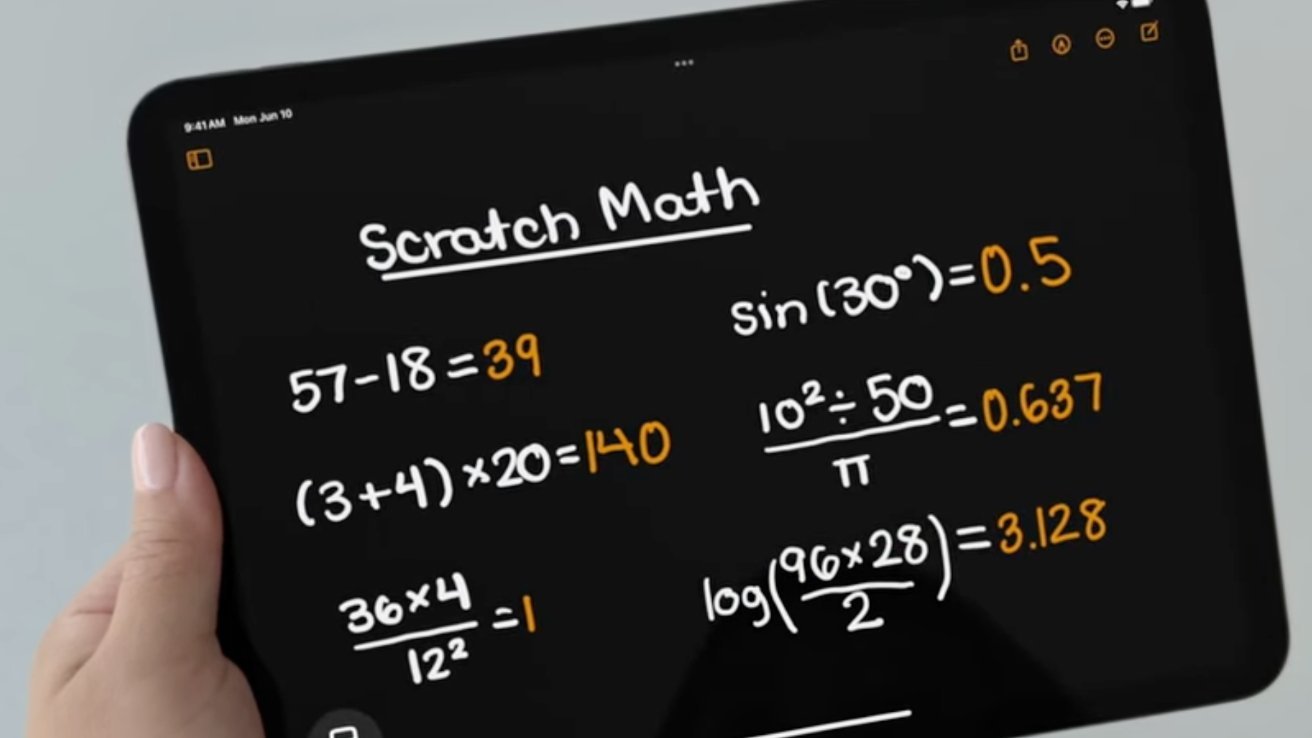 iPad displaying handwritten math calculations labeled Scratch Math, featuring arithmetic and trigonometric equations, with a hand holding the device on the left side.