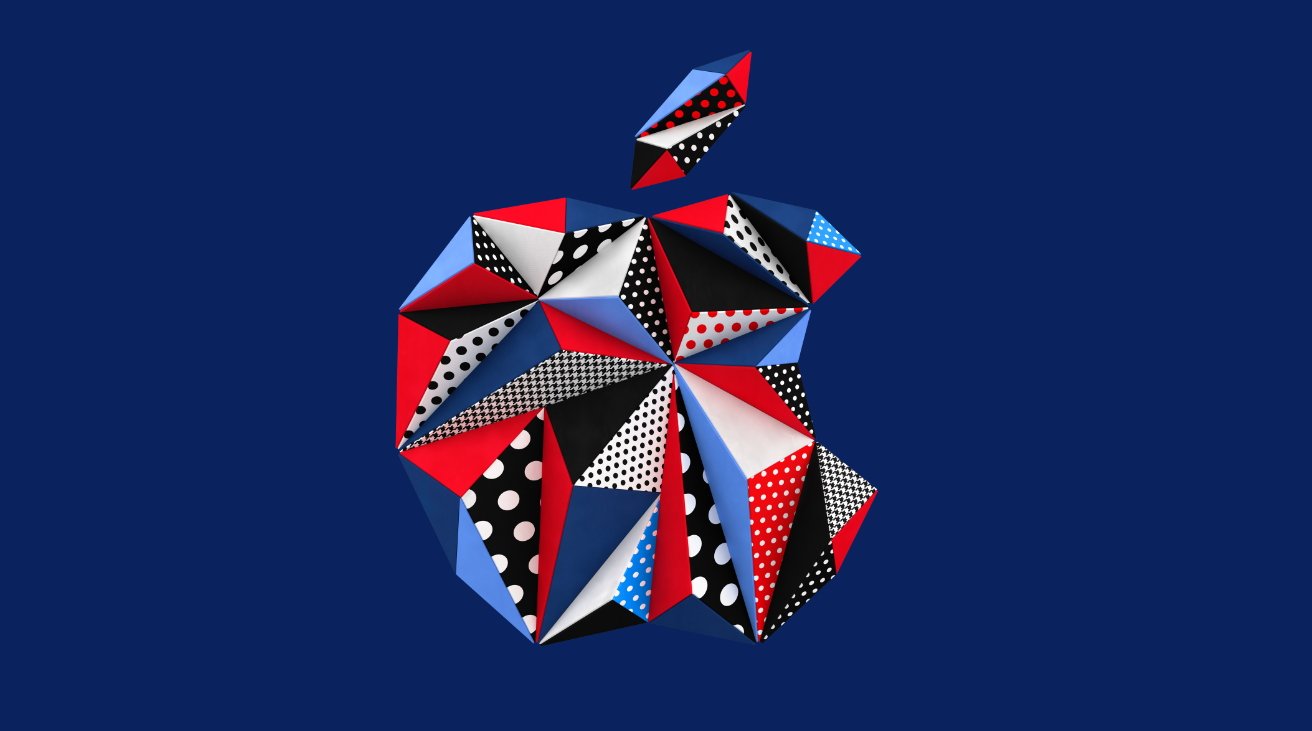 Colorful geometric apple logo on a dark blue background, featuring red, blue, black, and white patterns with polka dots and houndstooth designs.