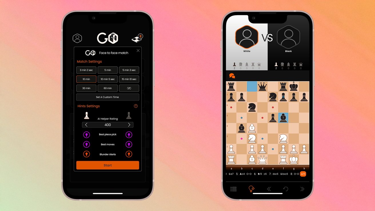 Two smartphones display a chess app; the left shows match settings, and the right shows an ongoing game on a chessboard.