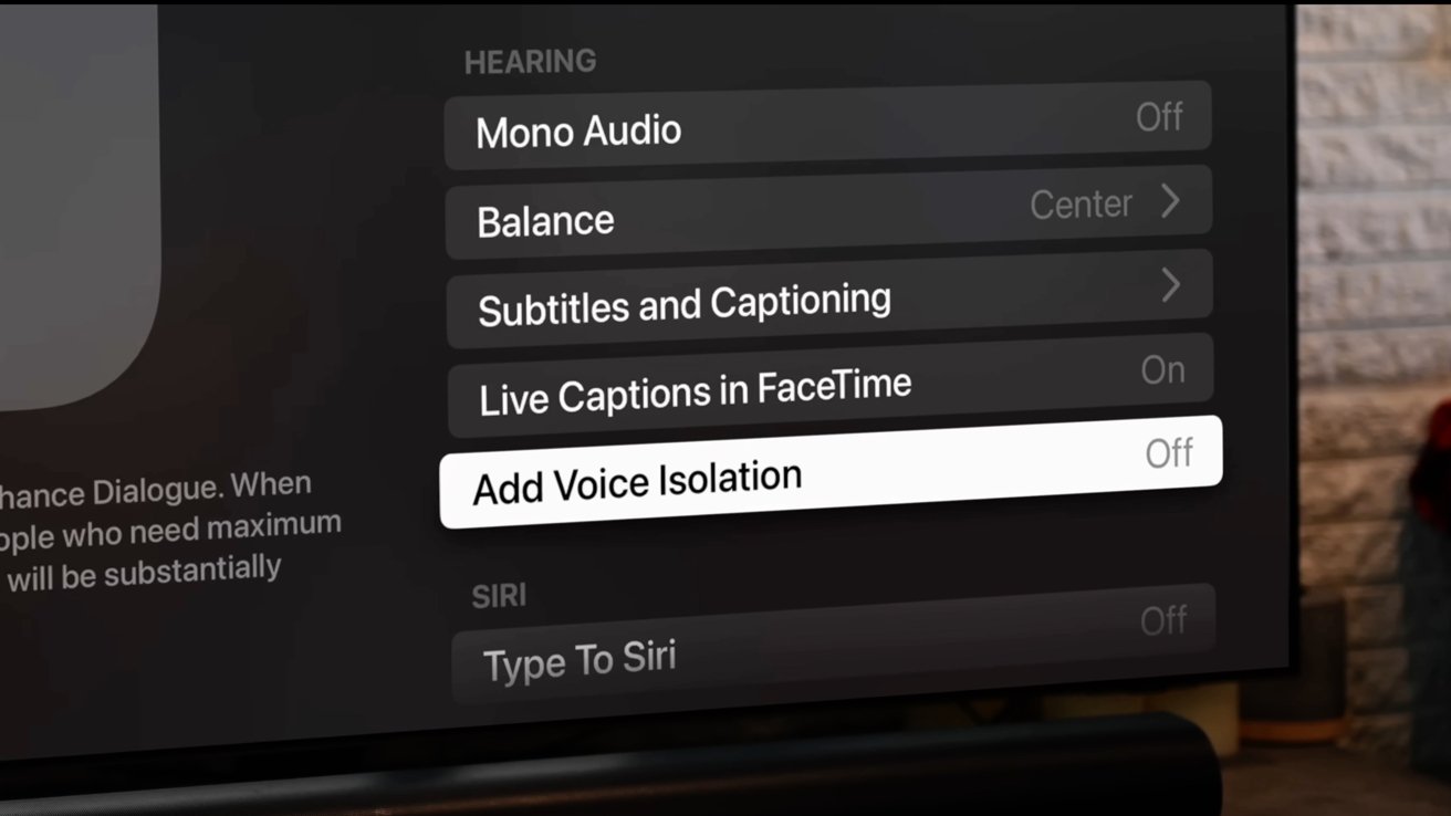 Settings menu with audio and accessibility options like mono audio, balance, subtitles, live captions, and voice isolation. Voice isolation is turned off.