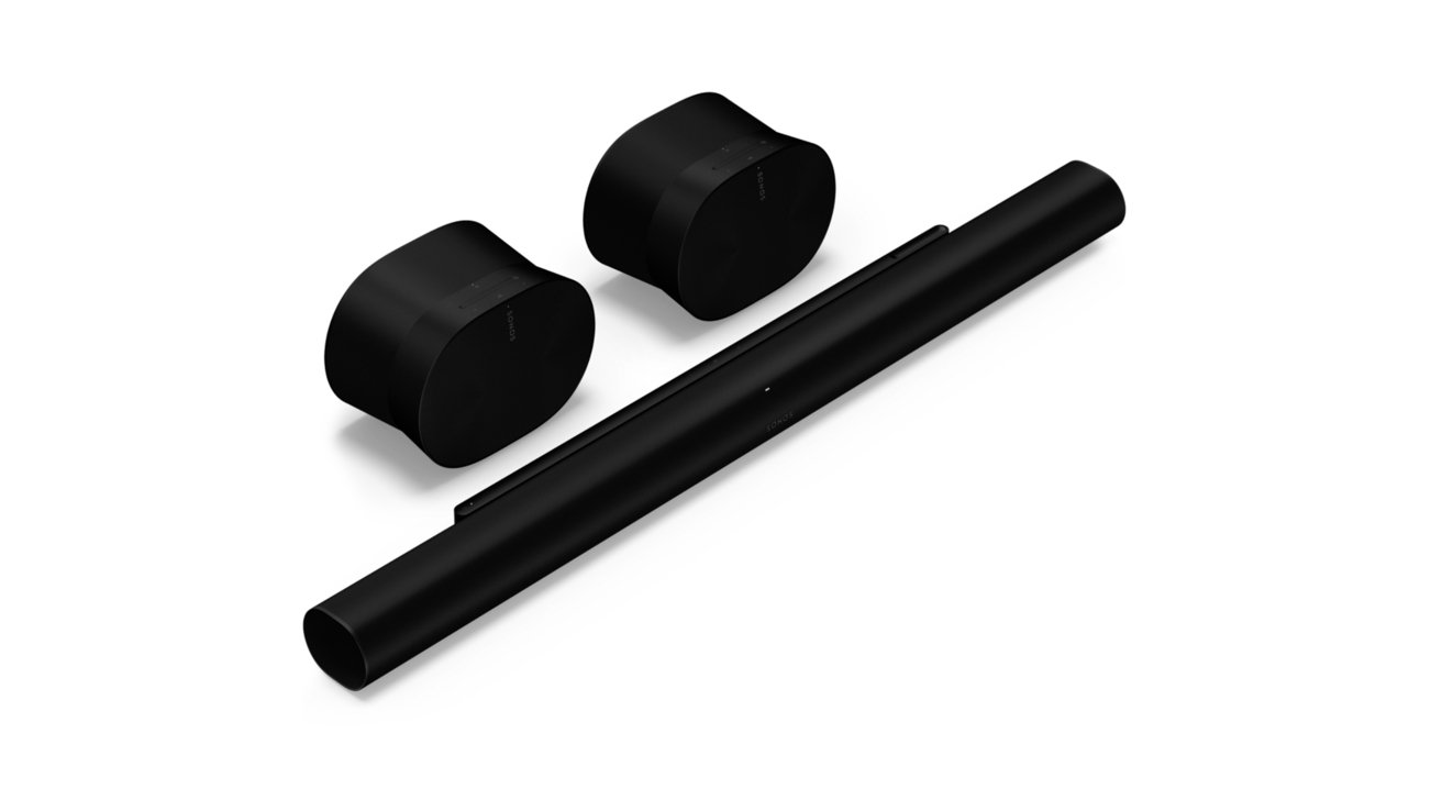 Two black speakers and a black soundbar on a white background