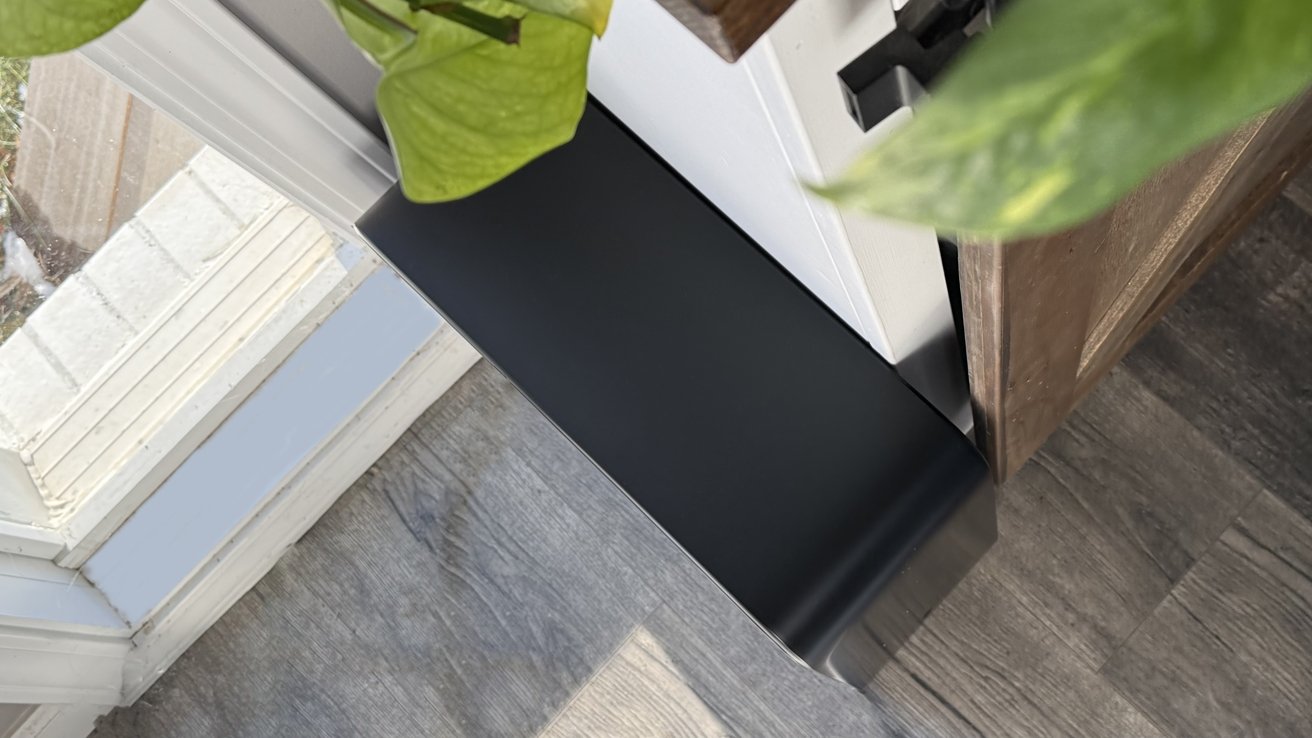 Leafy green plant, black bench, wooden cabinet, gray floor, and white wall near a window with natural light.