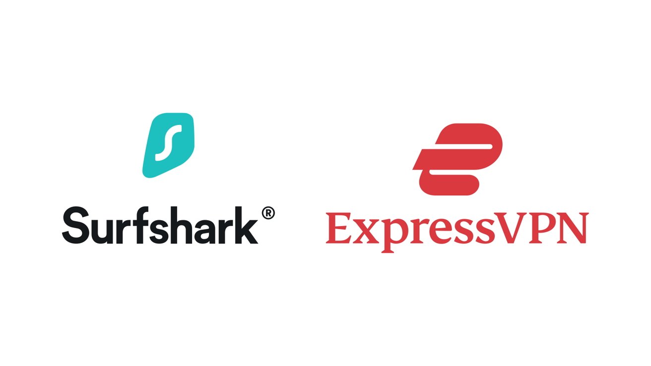 Surfshark logo with turquoise icon on left, ExpressVPN logo with red icon on right, both on a white background.