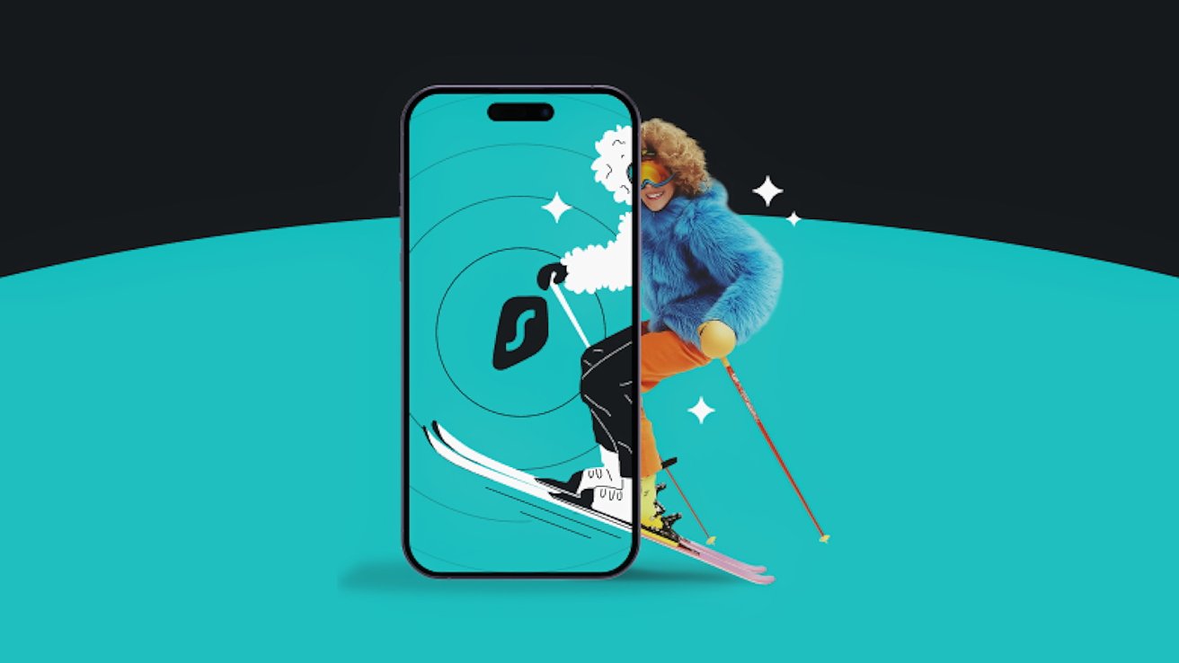 Person in ski gear emerging from a large smartphone screen, featuring a skiing illustration on a turquoise background.