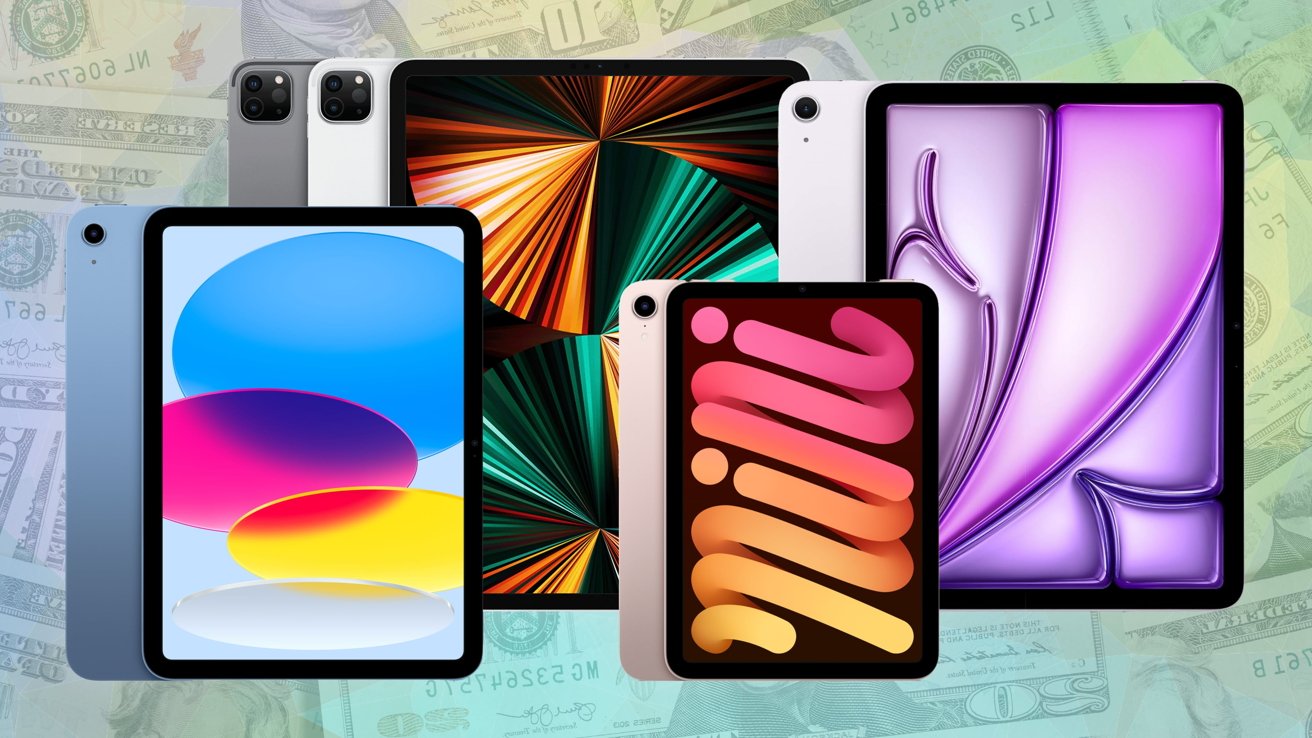 Various tablets with colorful screens displayed against a background of US dollar bills.