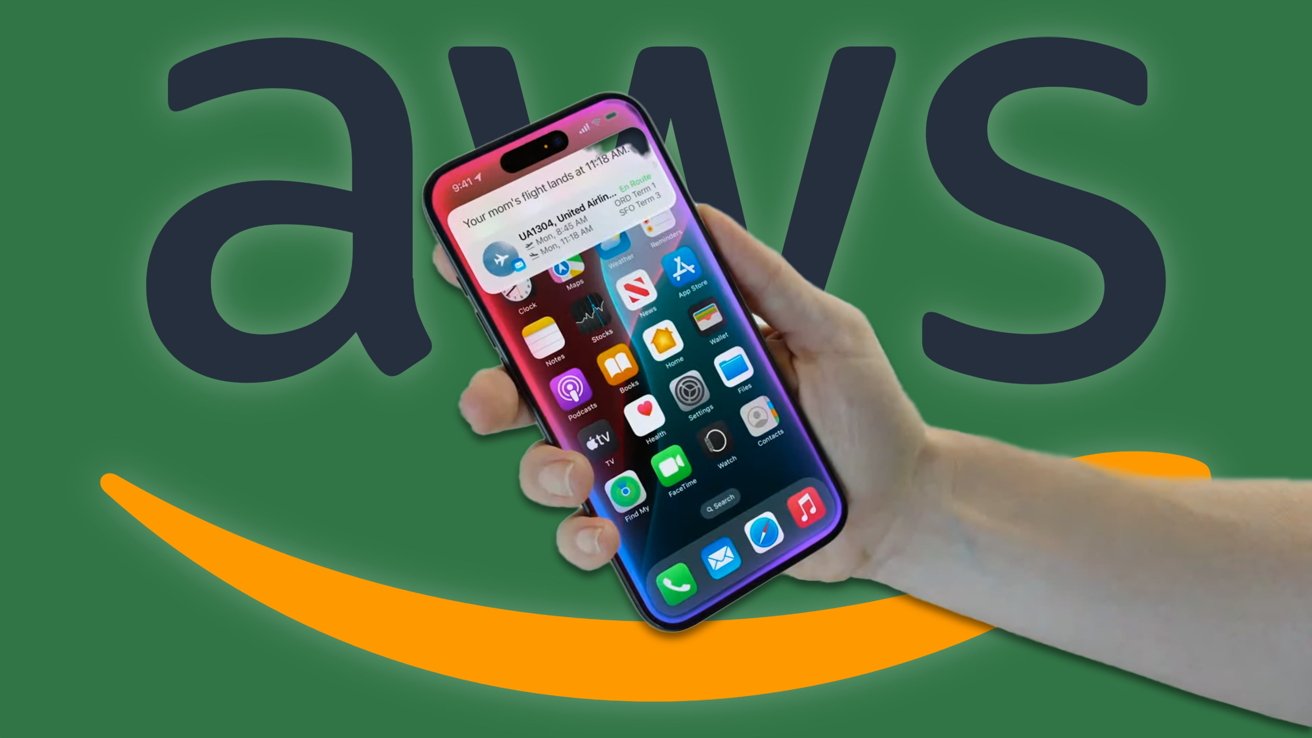 Hand holding a smartphone displaying app icons and a flight notification, with an AWS logo in the green background.