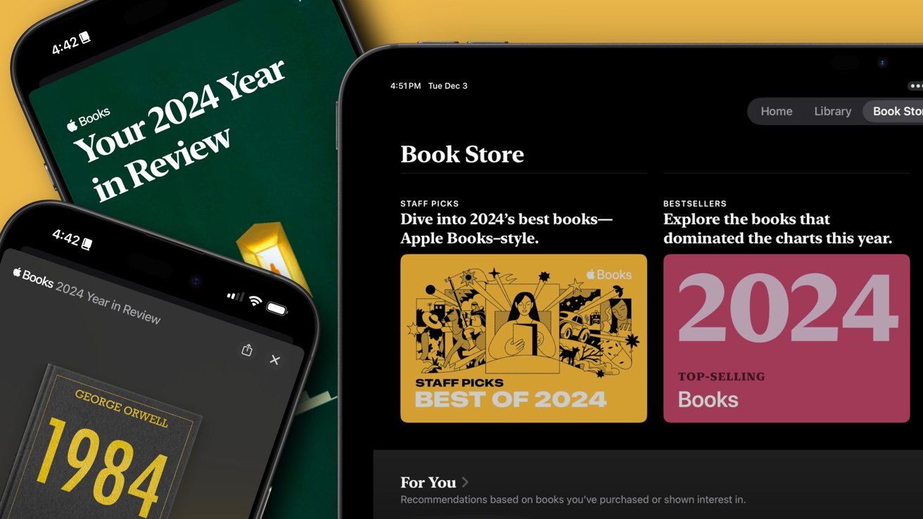 Three devices display Apple Books year in review, featuring best books of 2024, with covers of '1984' and various promotional banners.