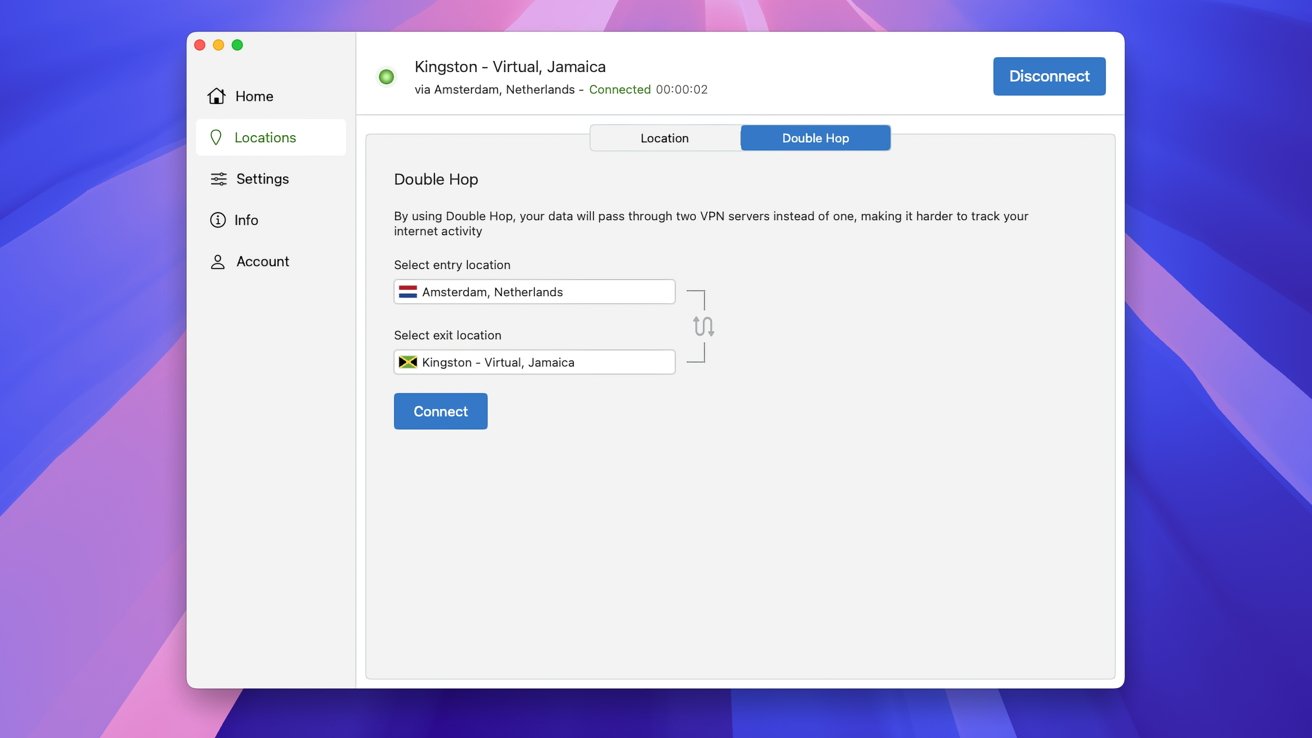 VPN interface with a 'Double Hop' feature, showing connection from Amsterdam, Netherlands to Kingston, Jamaica. Options to connect or disconnect are available.