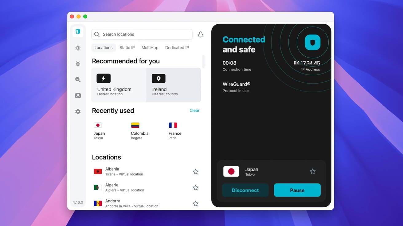 VPN interface with recommended locations, recently used countries, and a connection status showing Japan as connected. Options to disconnect or pause connection are available.