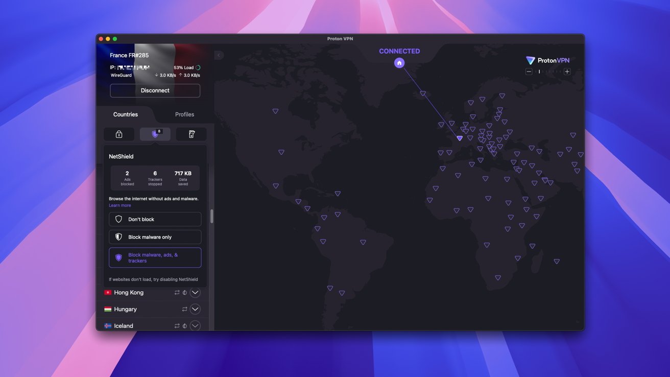 VPN interface showing a dark world map with triangular server locations, connected to France. Features include NetShield options for blocking ads and trackers.