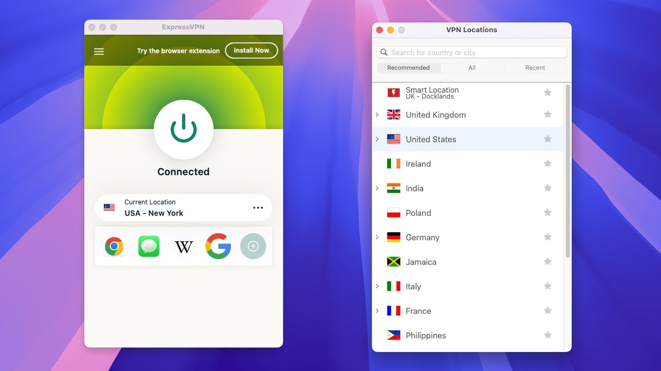 Two windows show ExpressVPN connected to New York and a list of other VPN locations with flags, on a purple and blue gradient background.