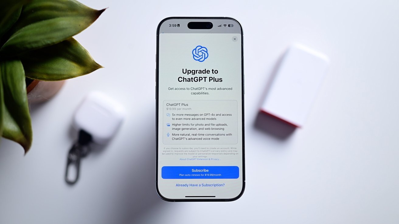 Smartphone displaying ChatGPT Plus subscription screen on a white surface, with a green plant and an AirPods case nearby.
