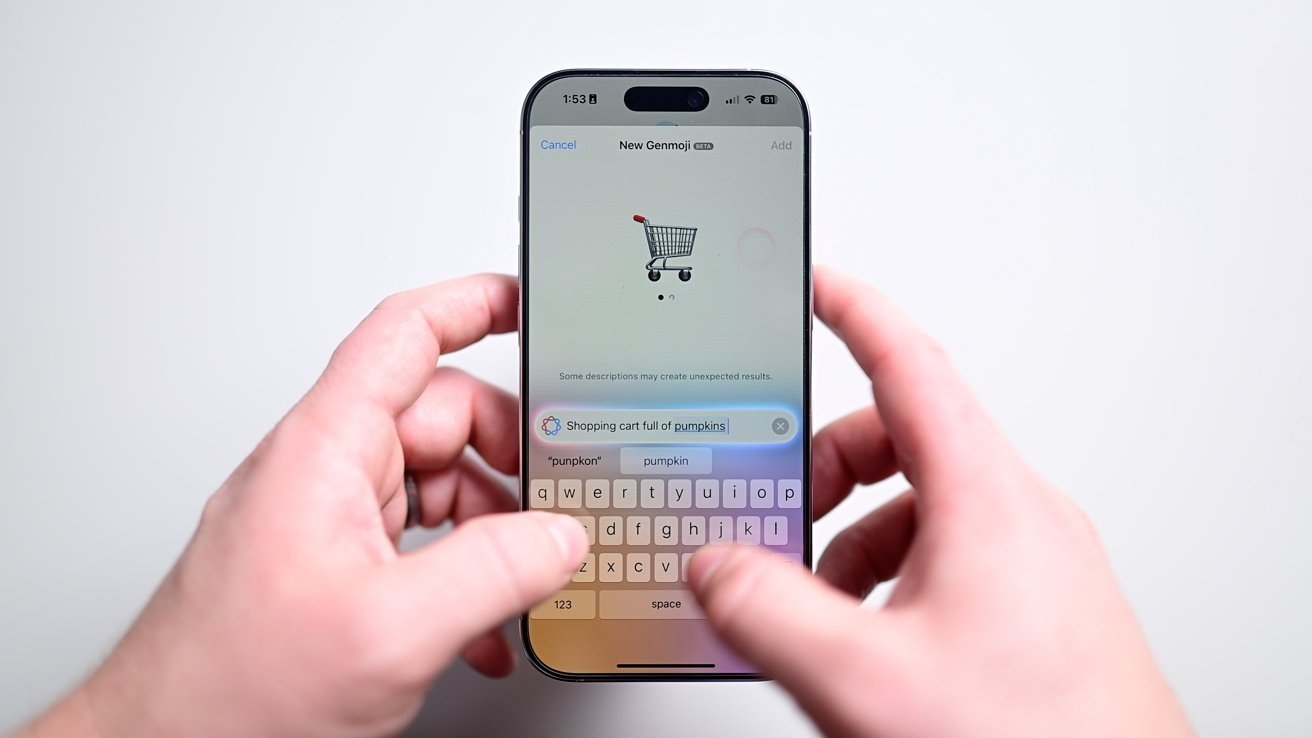 Hands holding a smartphone with a shopping cart emoji on the screen, typing a description into a text box below the emoji.