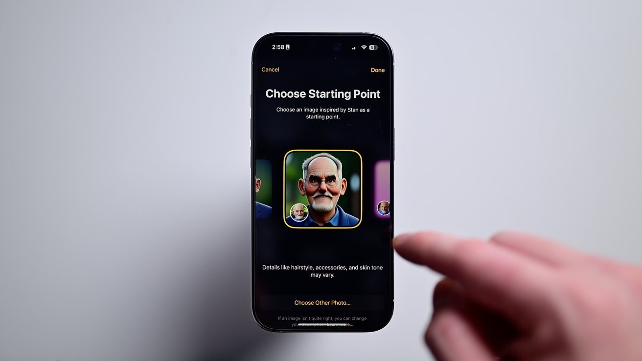 Person interacting with a smartphone screen displaying a character customization interface, featuring a cartoonish elderly man with a bald head and large ears.