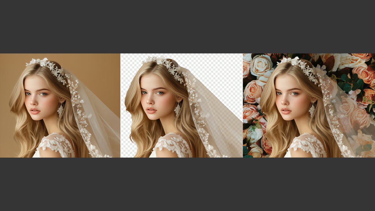 Three side-by-side portraits of a bride with floral headpiece and veil, featuring different backgrounds: solid color, transparent, and floral design.