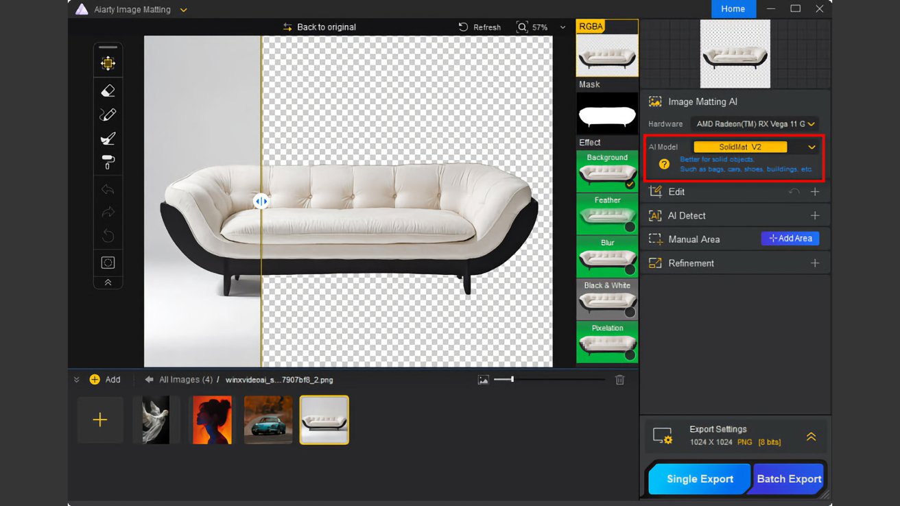 Editing software interface displaying a cream and black sofa with a transparent background, showing tools for image matting and effects on the right panel.