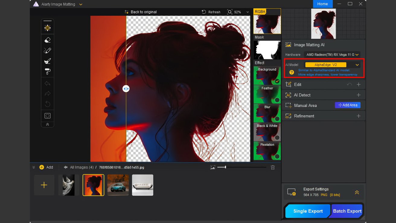 Profile of a woman with hair in a bun, lit by red and blue lighting, on an editing software interface screen.