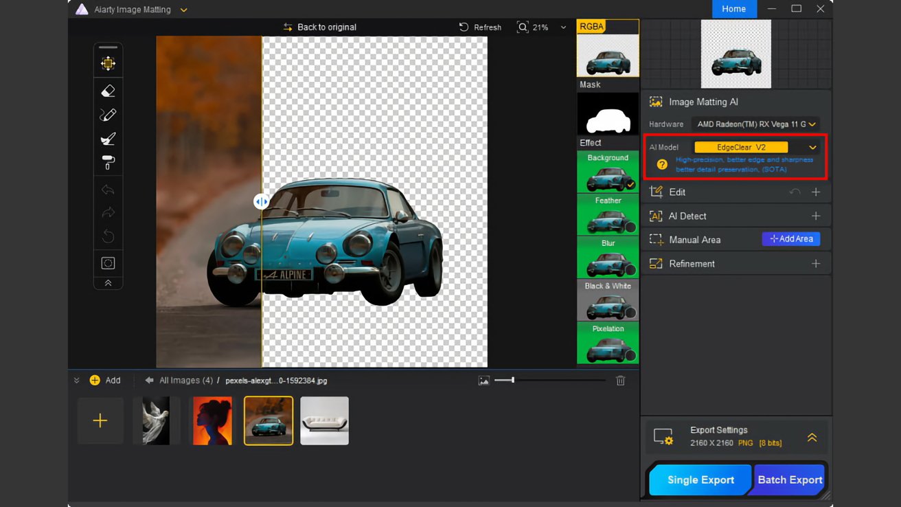 Editing software interface showing a classic blue sports car with half of its background removed.