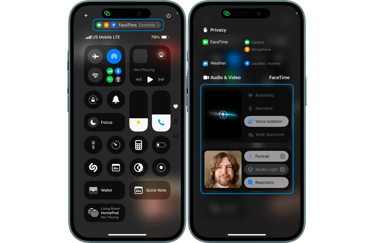 Two iPhone screens showing control center settings and privacy options, including FaceTime controls, Wi-Fi, Bluetooth, Voice Isolation, and a portrait photo.