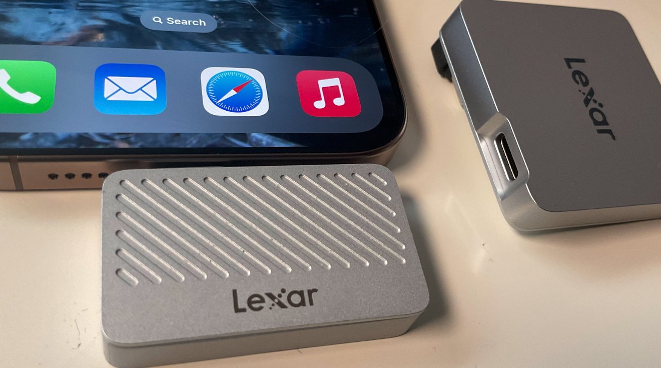 Smartphone displaying app icons next to two silver Lexar devices, one with a ridged surface and one with a USB port.