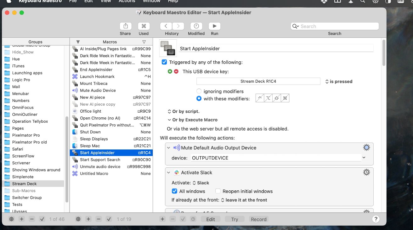 Keyboard Maestro Editor window displaying macro configurations for triggering actions like muting audio and activating Slack.