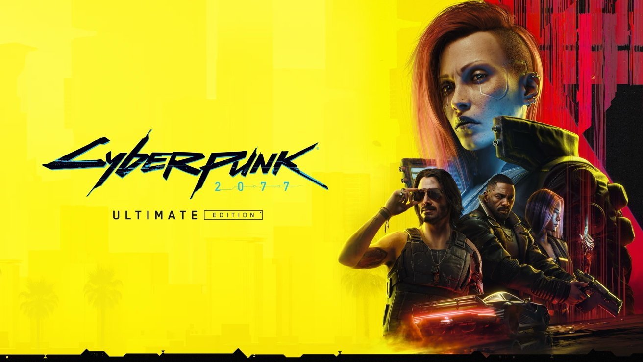 A futuristic scene with a prominent person with cybernetic enhancements, three other people and a car, set against a bright yellow and red background with text Cyberpunk 2077 Ultimate Edition.