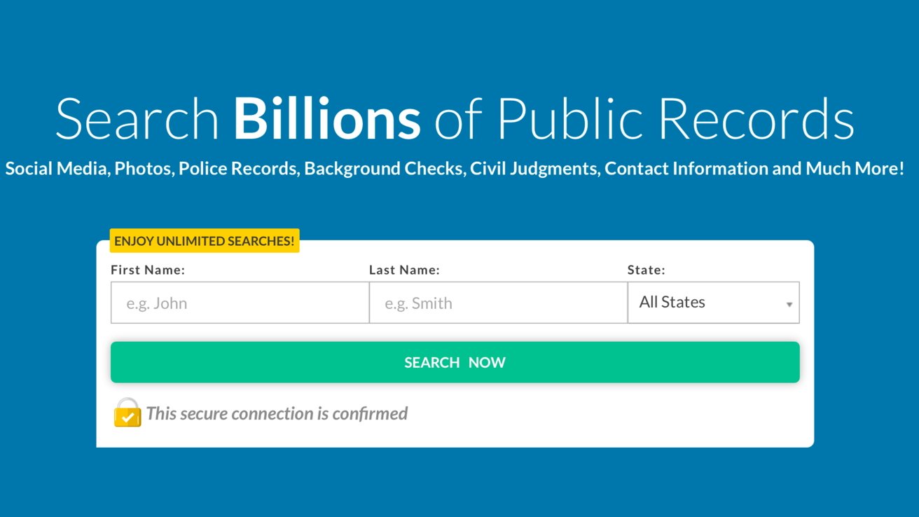 Website interface for searching public records, including social media and police records, with fields for first name, last name, and state. Confirmed secure connection.