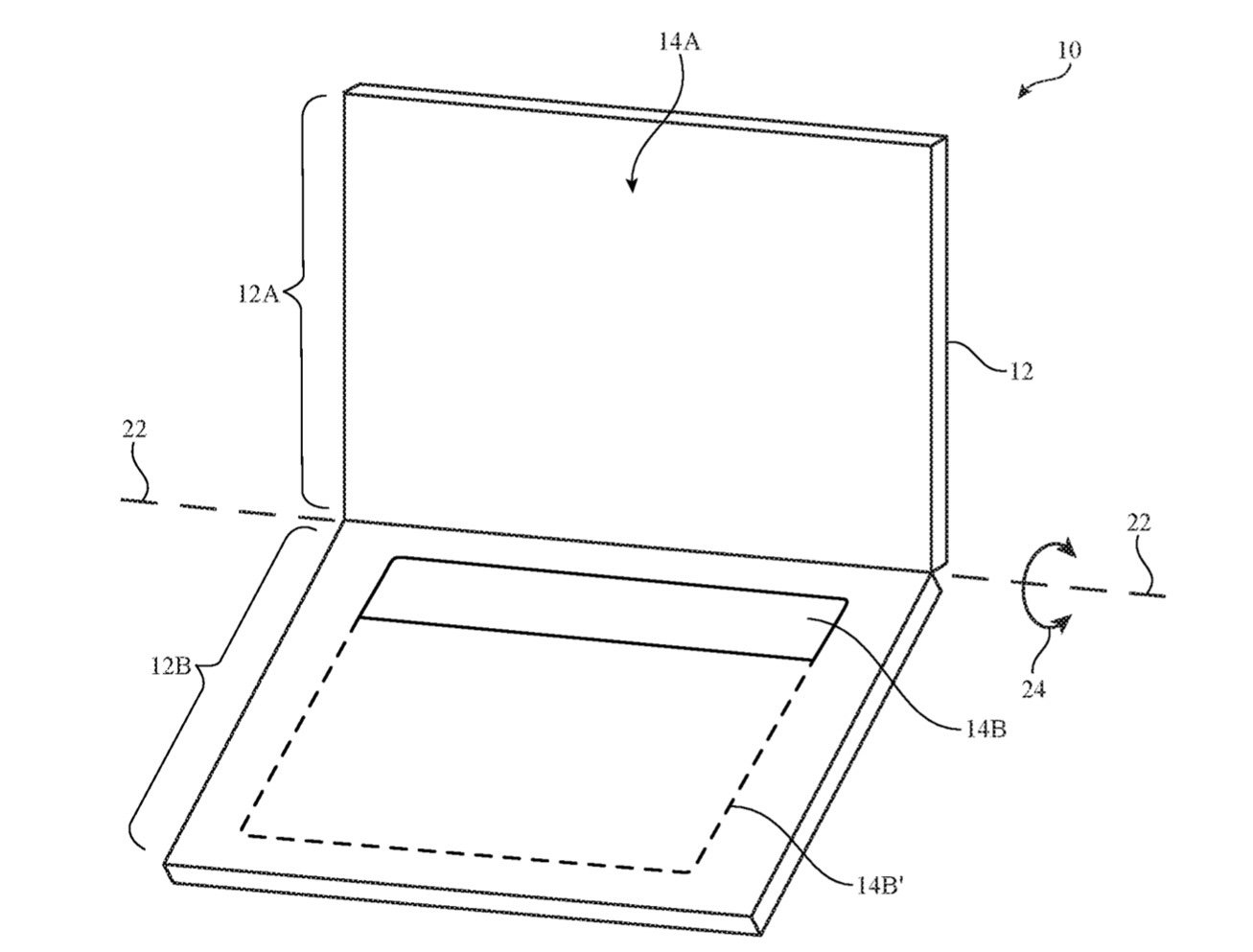 Diagram of a folded device resembling a laptop with a large screen and keyboard area, featuring labeled sections and rotational arrows.