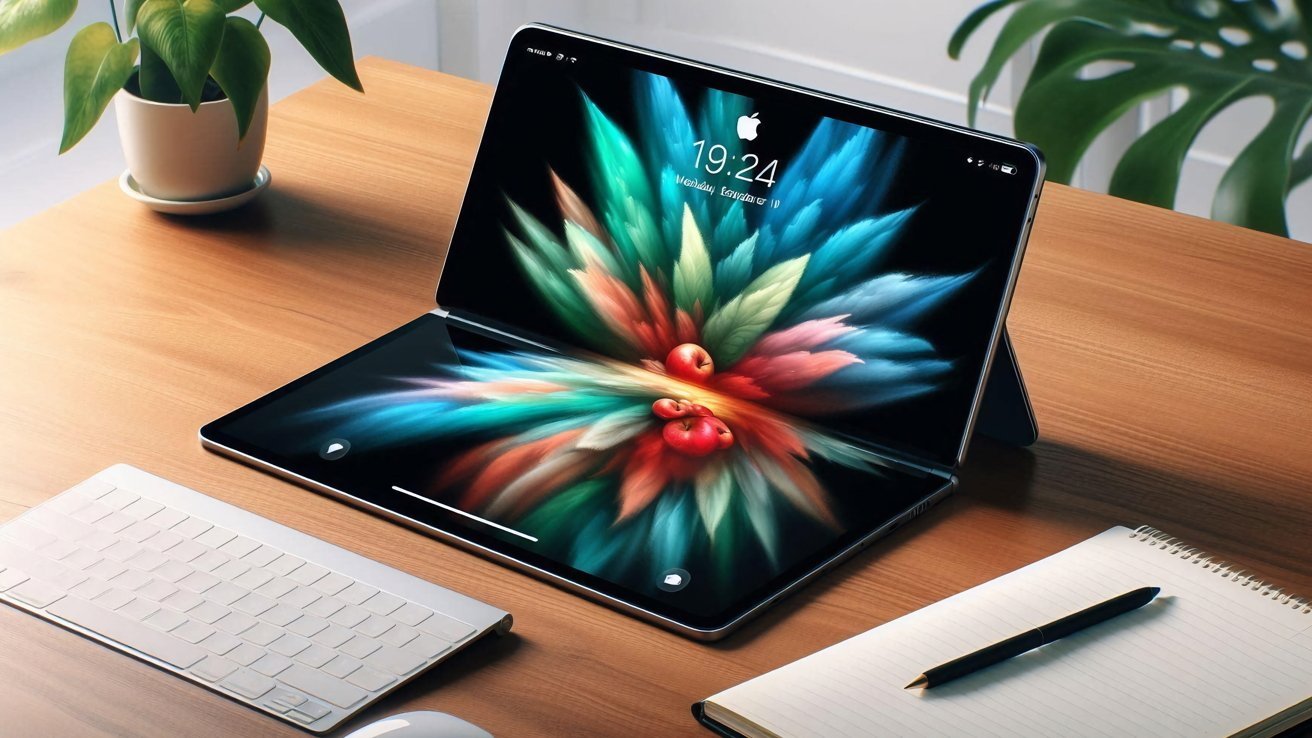 Foldable iPad or Mac displaying colorful abstract artwork on a wooden desk, alongside a keyboard, notebook, pen, and potted plant.