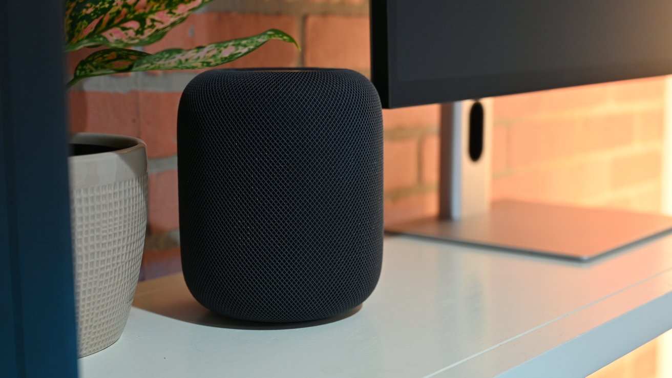 A black cylindrical speaker with a mesh design sits on a white desk next to a pot with a plant and a monitor.