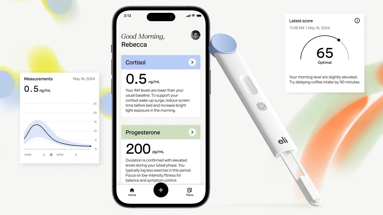 Smartphone screen showing cortisol and progesterone levels, a white medical device, and charts with measurements and scores for health tracking.