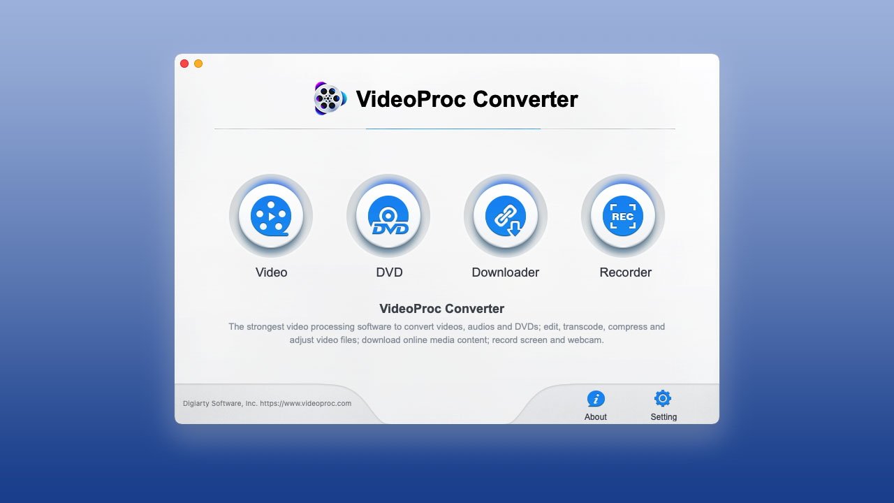 VideoProc Converter interface displaying icons for Video, DVD, Downloader, and Recorder functions on a gradient blue background.