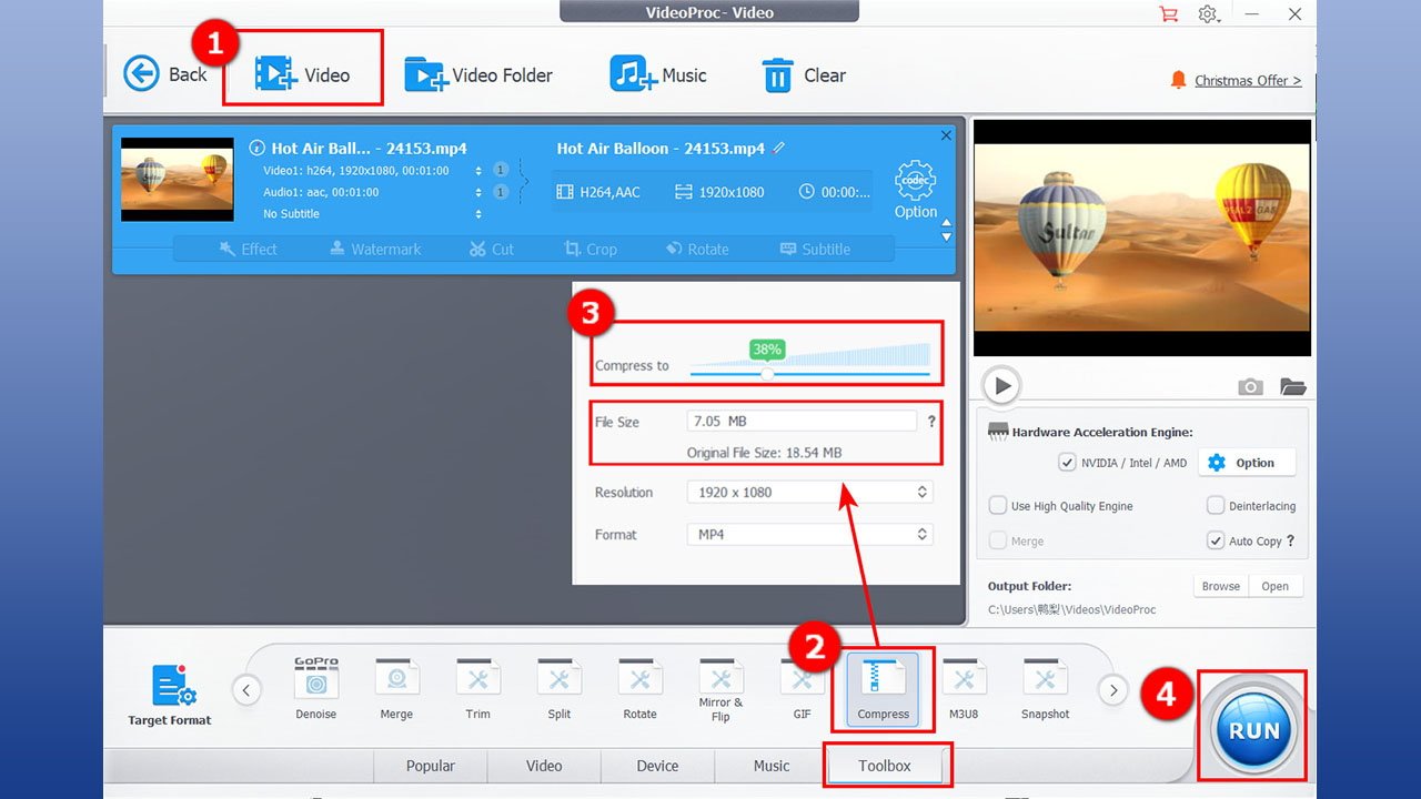 Video compression software interface showing options for compressing a video file, including file size, resolution, and format, with a preview of hot air balloons.